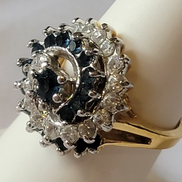 Faux Sapphire & Diamond Swirled Gold Tone Cocktail Ring Size 8 - Picture 7 of 8